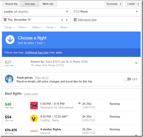 LON-FCO Google fares Nov 10 $40