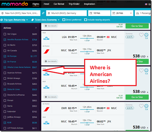Momondo.com airline filters