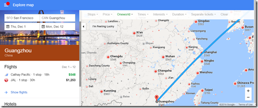 SFO-China CX $548 Dec 1-12 Google Flights map