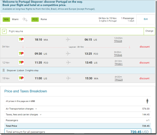 TAP Portugal $725 MIA-FCO LIS stopover ticket