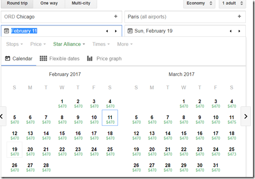 Google Flights ORD-CDG $470 UA Feb-Mar fare calendar