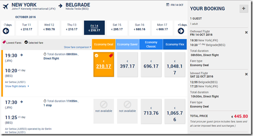 JFK-BEG 456EUR JU Oct 14-22