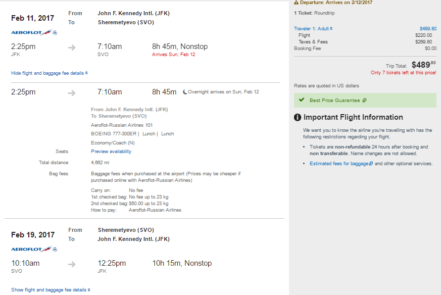 Aeroflot $490 JFK to Moscow or St. Petersburg Nov-April, $570 IAD, $620 ...