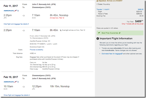 JFK-SVO $490 Aeroflot Feb 11-19