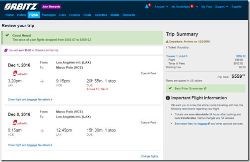 LAX-VCE $560 AB Dec1-8