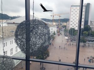 a bird flying over a city