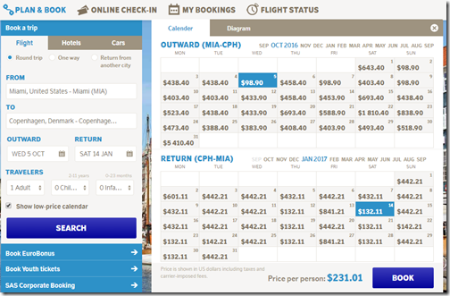 SAS MIA-CPH $241 tickets