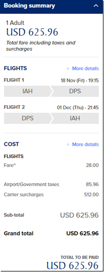 SQ IAH-DPS $625 fare