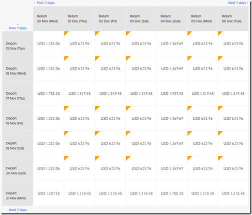 SQ fare Calendar IAH-DPS $625 Nov