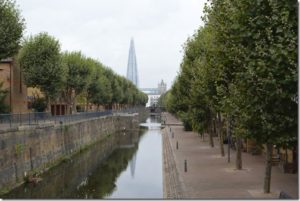 a canal with trees and a building in the background
