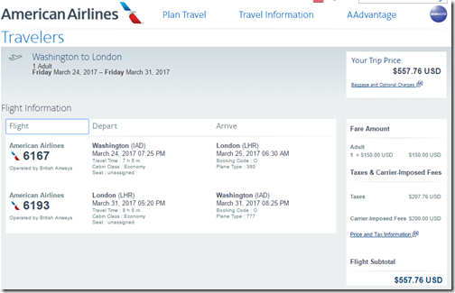 IAD-LHR $558 AA Mar24-31