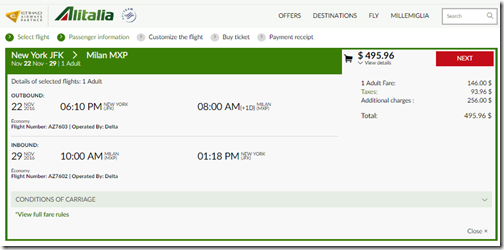 JFK-MXP $496 AZ Nov22-29