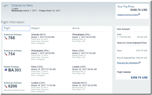 MCO-CDG $399 AA Mar1-10