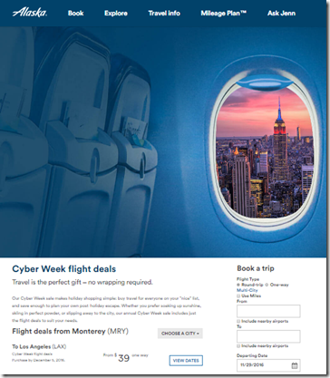Alaska Air CyberWeek $39 MRY