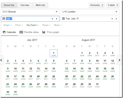 BOS-LHR $466 Google Flights SkyTeam Jul-Aug