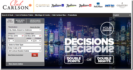 Club Carlson Double Points-Nights Nov1-Dec 31