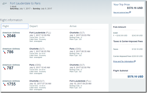 FLL-CDG $578 AA Jul1-9