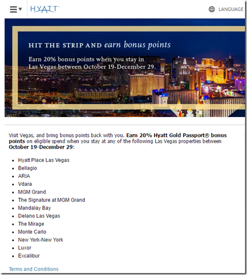 Hyatt Las Vegas bonus Oct 19-Dec29