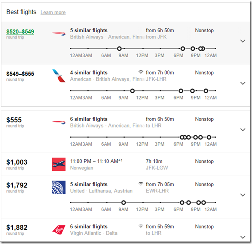 JFK-LON Google Flights Jul8-16 fares