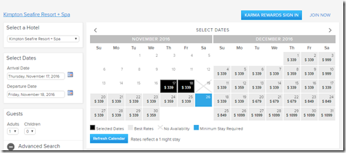 Kimpton Seafire rate calendar