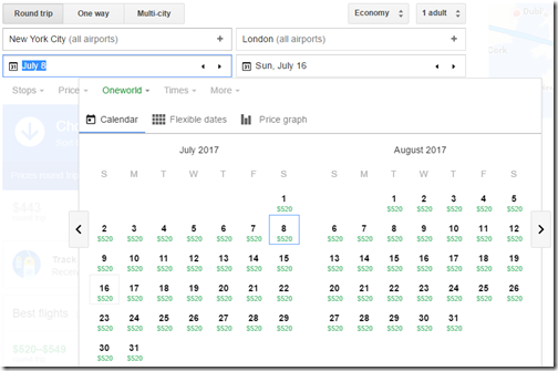 NYC-LON Google Flights fare calendar Jul-Aug2017