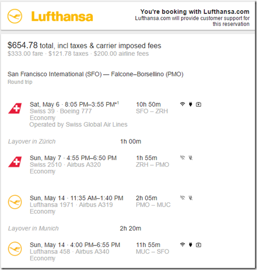 SFO-PMO $655 LH May6-14