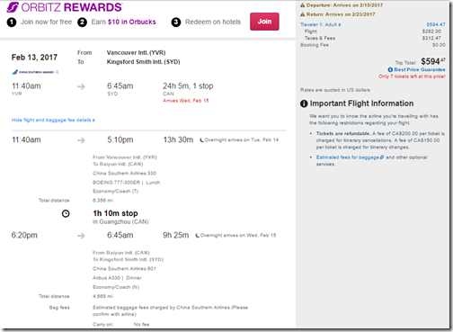 YVR-SYD $595 China Southern Feb13-22