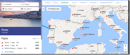 Google Flights BOS-OPO $397 Mar2-9