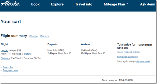 HNL-OAK $194 AS Mar13