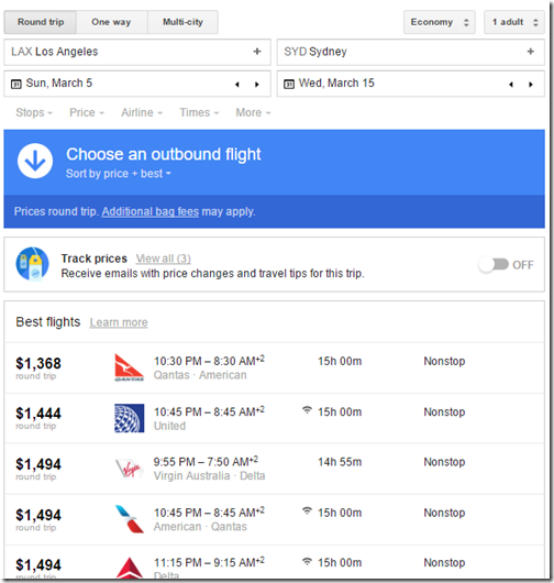 LAX-SYD Google flights airfares $1400 Mar5-15