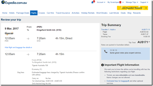 PER-SYD $124 Mar 9 TigerAir