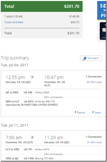 SJC-CLT $202 UA Jul4-11