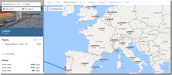 Google Flights Royal Maroc Europe fares
