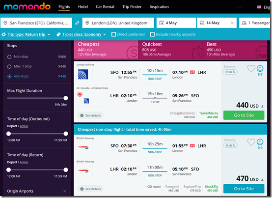 SFO-LON $440 Momondo May4-14