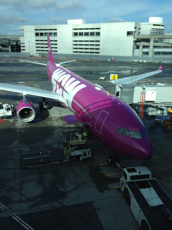 a large purple airplane at an airport