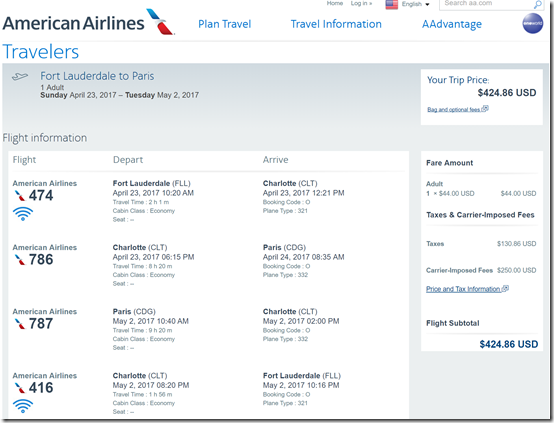 FLL-CDG $425 AA Apr23-May2