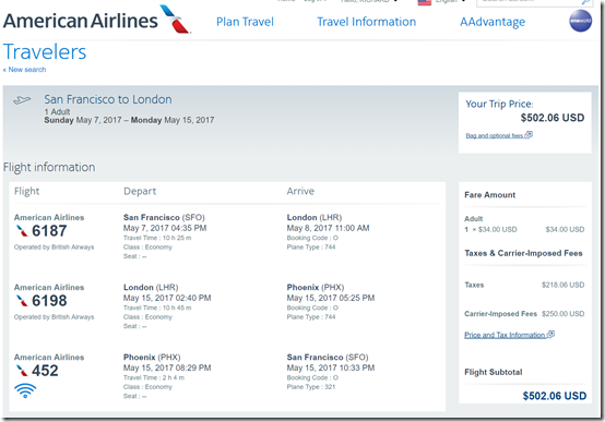 SFO-LHR $502 May7-15 AA