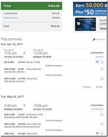 SJC-BUD $454 UA Apr23-May2