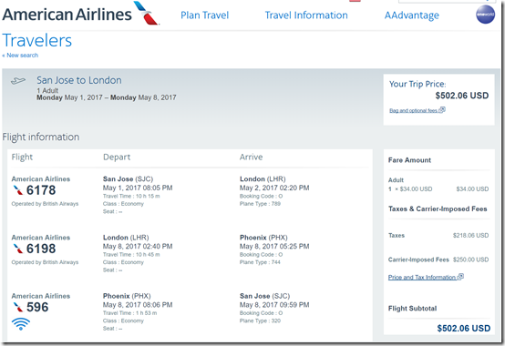 SJC-LHR $502 AA May1-8