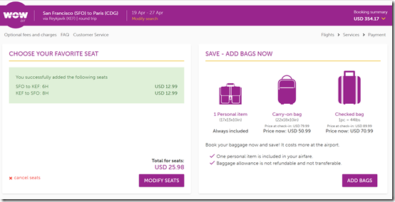 WOW Seat-bag fees SFO-CDG