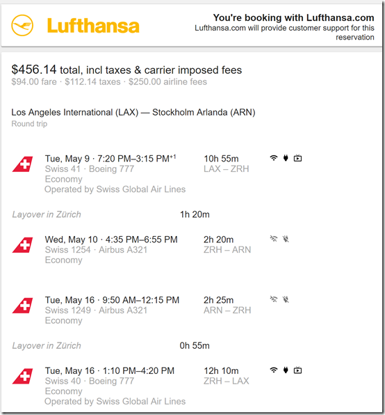 LAX-ARN $456 LX May9-16