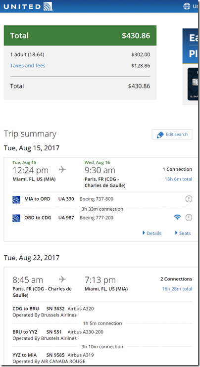 MIA-CDG $431 Aug15-22 UA