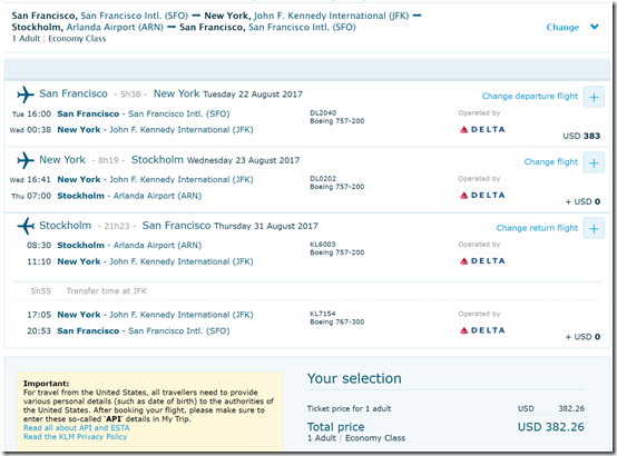 SFO-ARN $382 KL Aug23-31