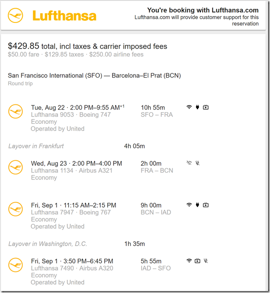 SFO-BCN $430 LH Aug22-Sep1