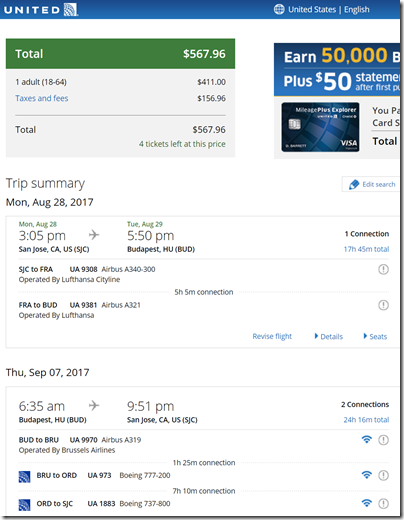 SJC-BUD $565 UA Aug28-Sep7