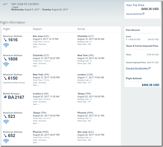 SJC-LGW $488 AA Aug9-22