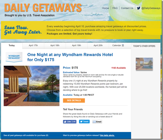 Daily Getaways Wyndham points 2017