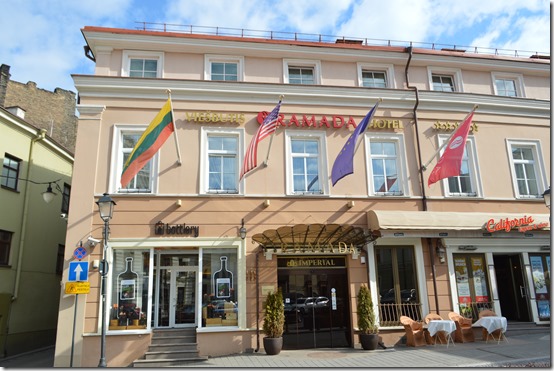 a building with flags on the front