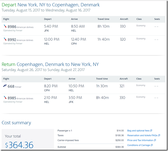 JFK-CPH $365 AA Aug15-26