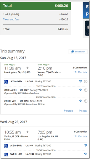 LAX-VCE $460 UA Aug13-23